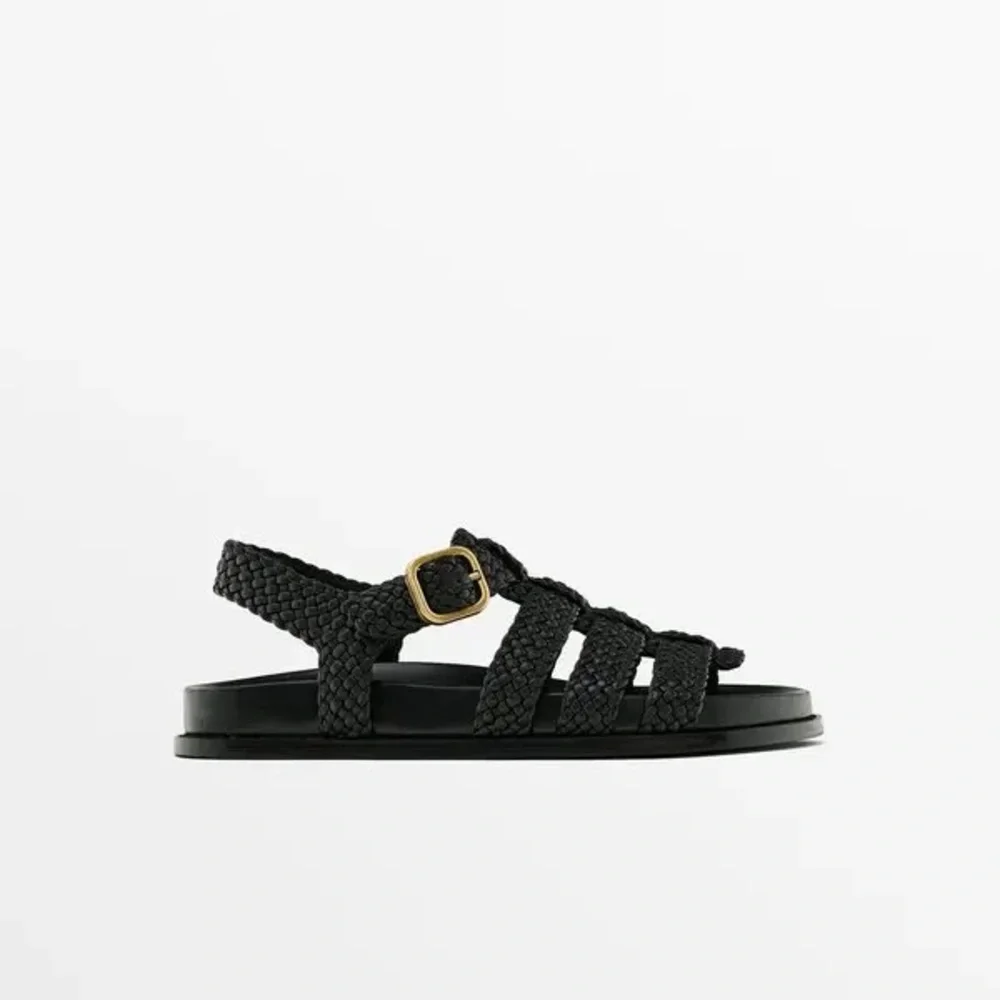 Woven Strap Black Women’s Sandals with Gold Buckle - Picture 2 of 9